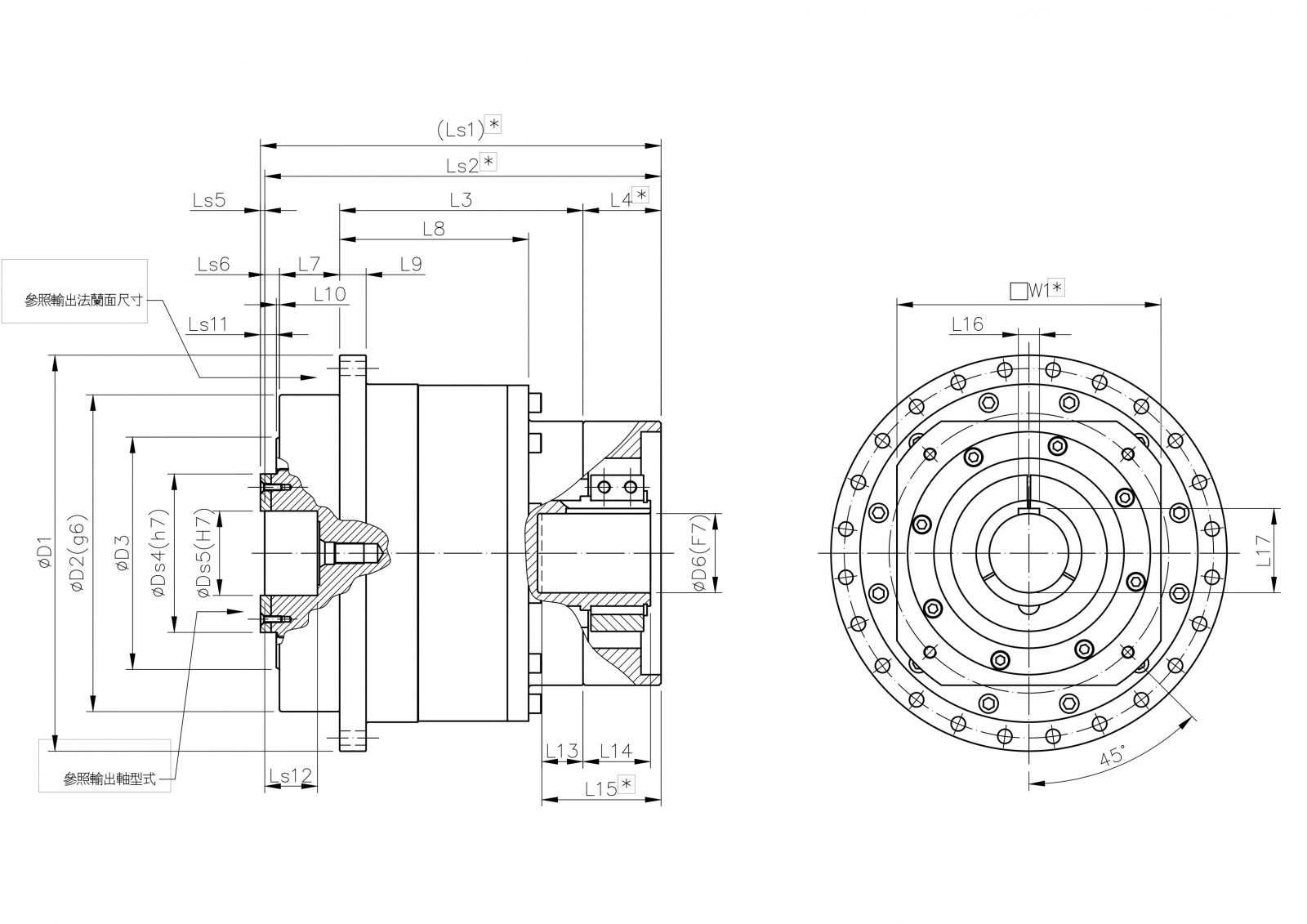 Structural dimensions of 1-stage ratio of UM high-torque cyclo planetary gearbox